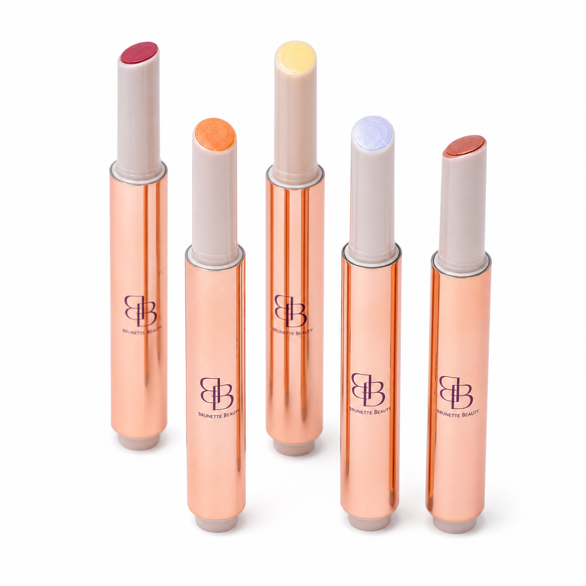 Brunette Beauty lip balm five shades on pure white background
